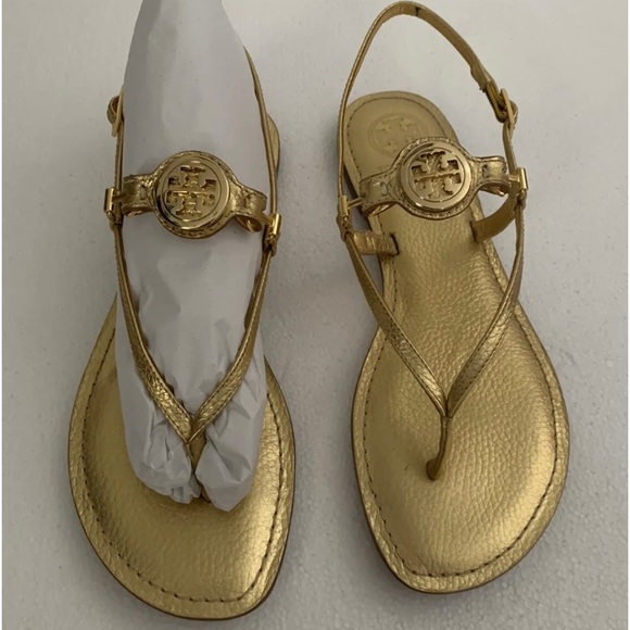 TORY BURCH GOLD NEW THONG FLAT SHOES LEATHER 8.5 - Picture 6 of 11